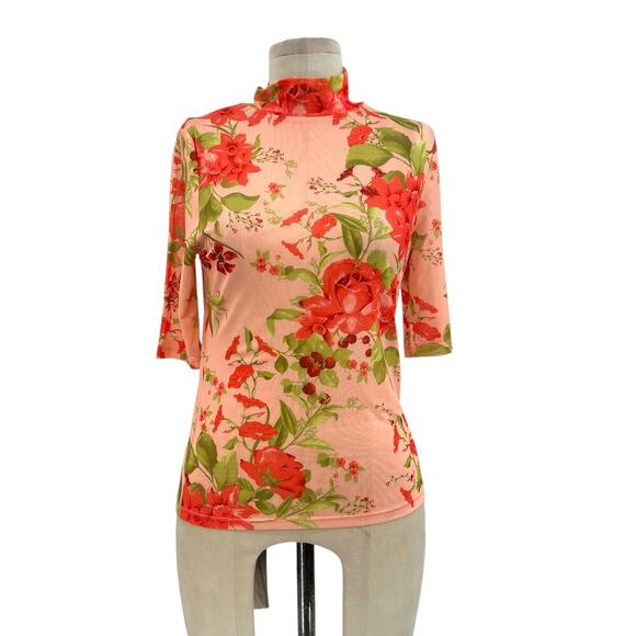 Anthropologie Half-Sleeve Mesh Top Tee Floral Print Peach Pink Red Size Small - Picture 2 of 12